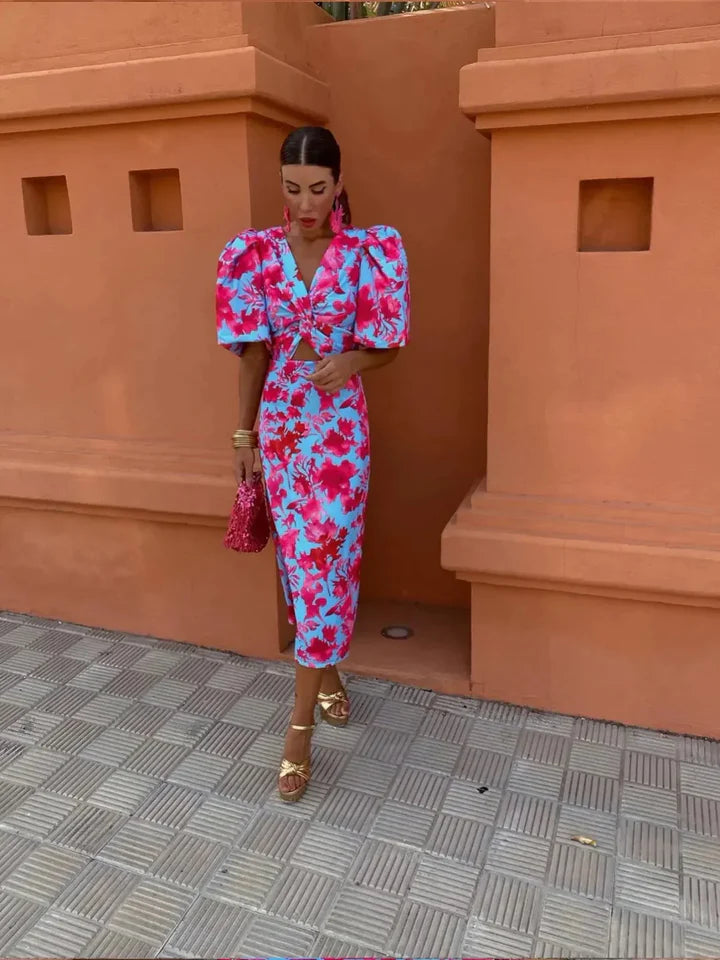 Women’s Floral Puff Sleeve Midi Dress