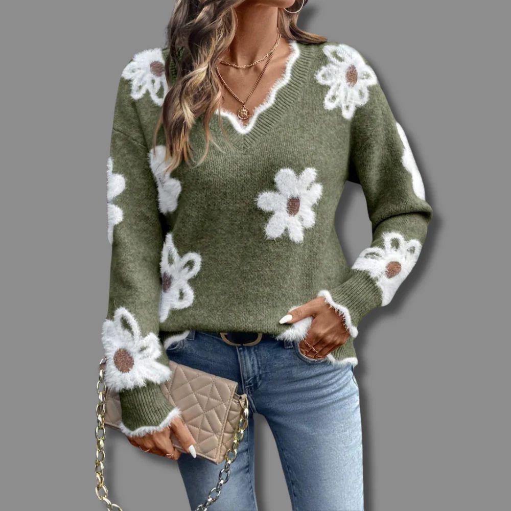 Women’s Floral V Neck Knit Sweater