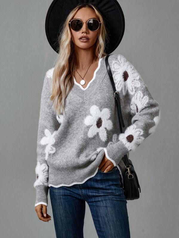 Women’s Floral V Neck Knit Sweater