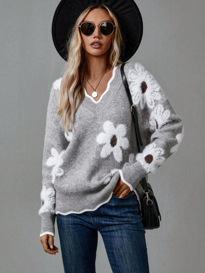 Women’s Floral V Neck Knit Sweater