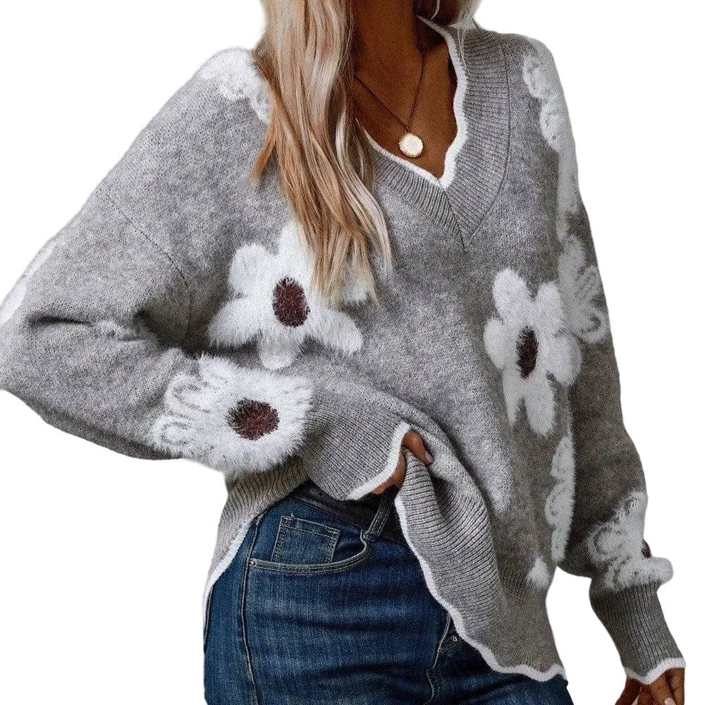 Women’s Floral V Neck Knit Sweater