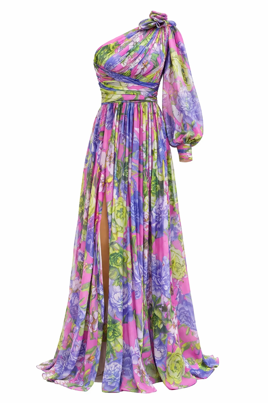 Women's Flowy One Shoulder Rose Floral Maxi Dress