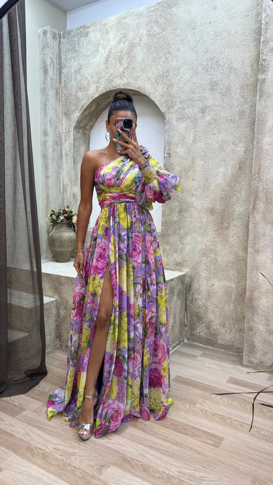 Women's Flowy One Shoulder Rose Floral Maxi Dress