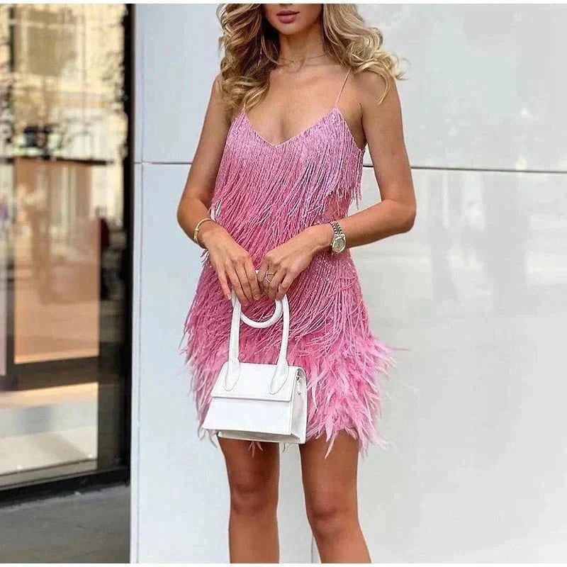 Women’s Fringe Mini Dress with Strappy Design