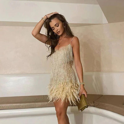 Women’s Fringe Mini Dress with Strappy Design