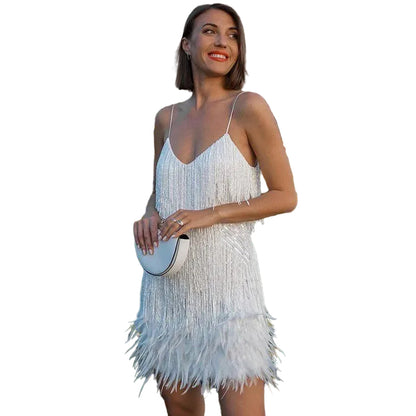 Women’s Fringe Mini Dress with Strappy Design