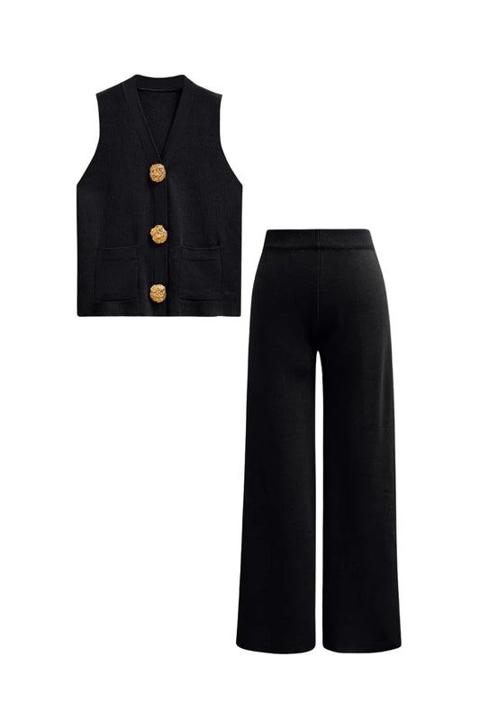 Women's Golden Button Vest Knit Rose Set - Black