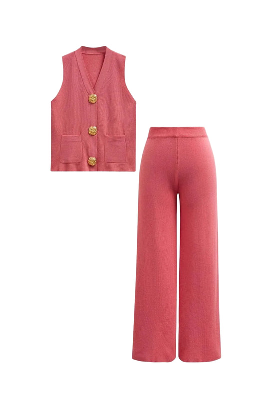 Women's Golden Button Vest Knit Rose Set - Coral Pink