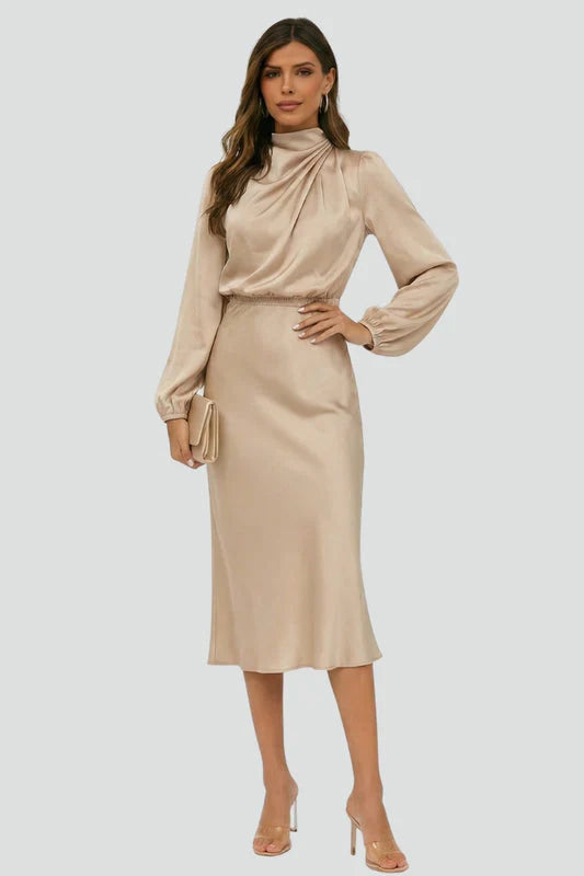 Women’s High Neck Long Sleeve Midi Dress