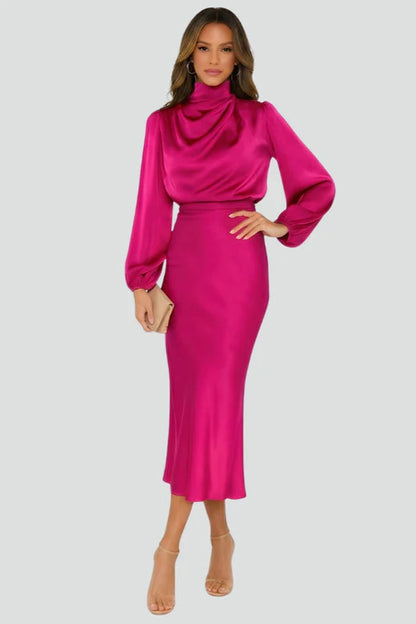 Women’s High Neck Long Sleeve Midi Dress