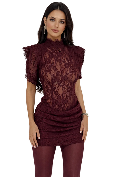 Women's High Neck Sleeveless Lace Trim Bodycon Mini Dress