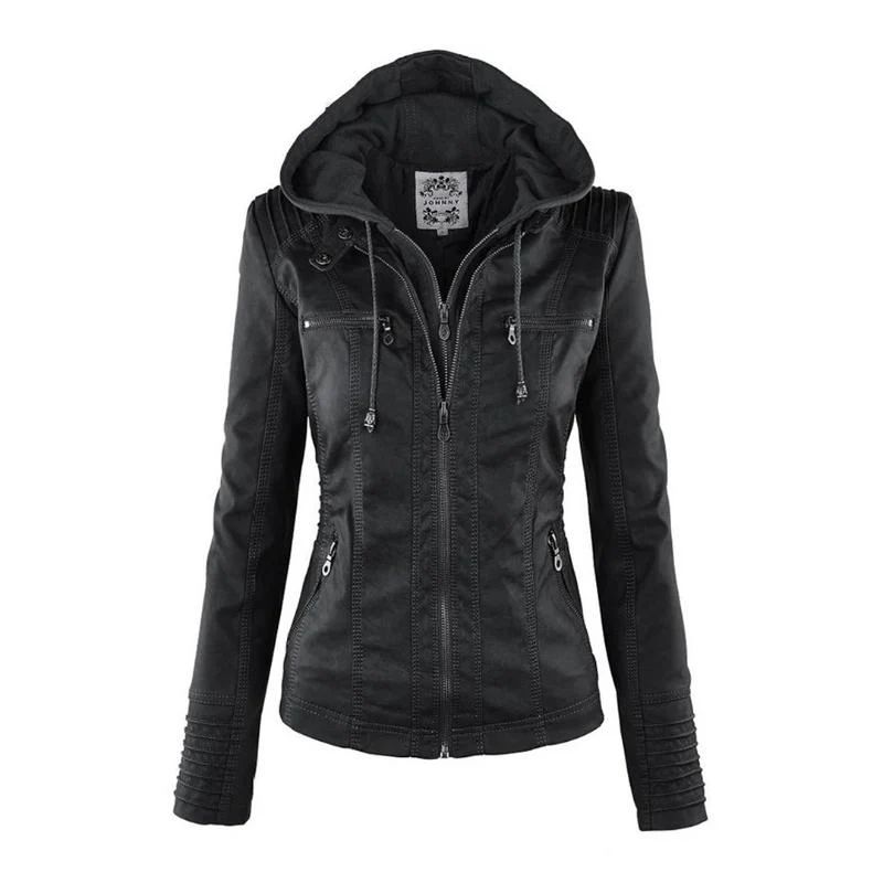 Women’s Hooded Faux Leather Zip Jacket
