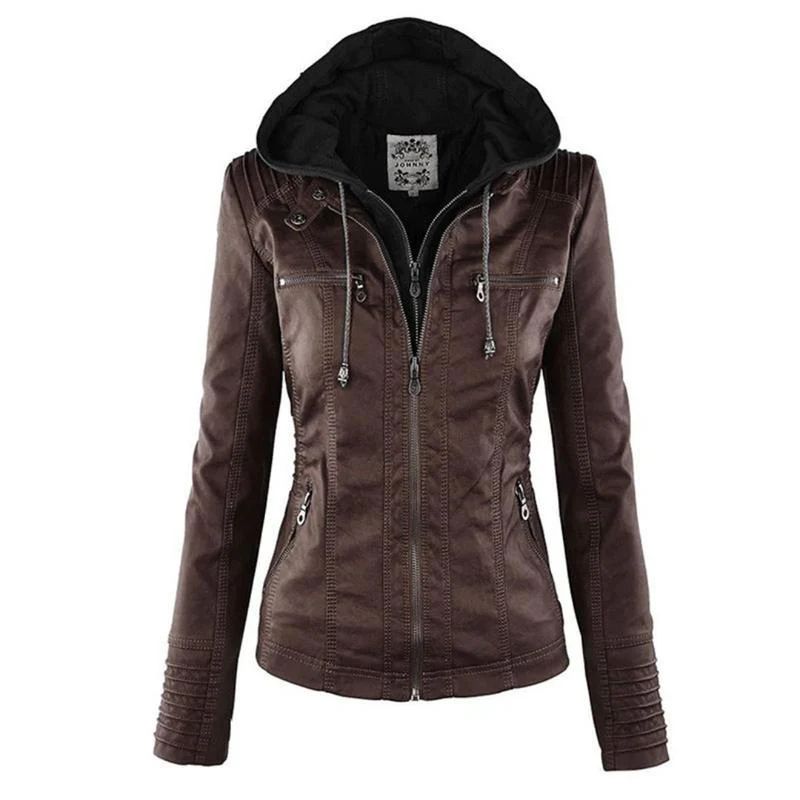 Women’s Hooded Faux Leather Zip Jacket
