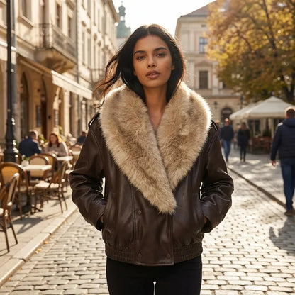 Women’s Jacket with Plush Collar and Button Closure