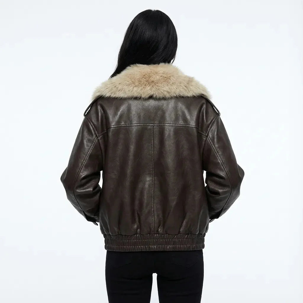Women’s Jacket with Plush Collar and Button Closure