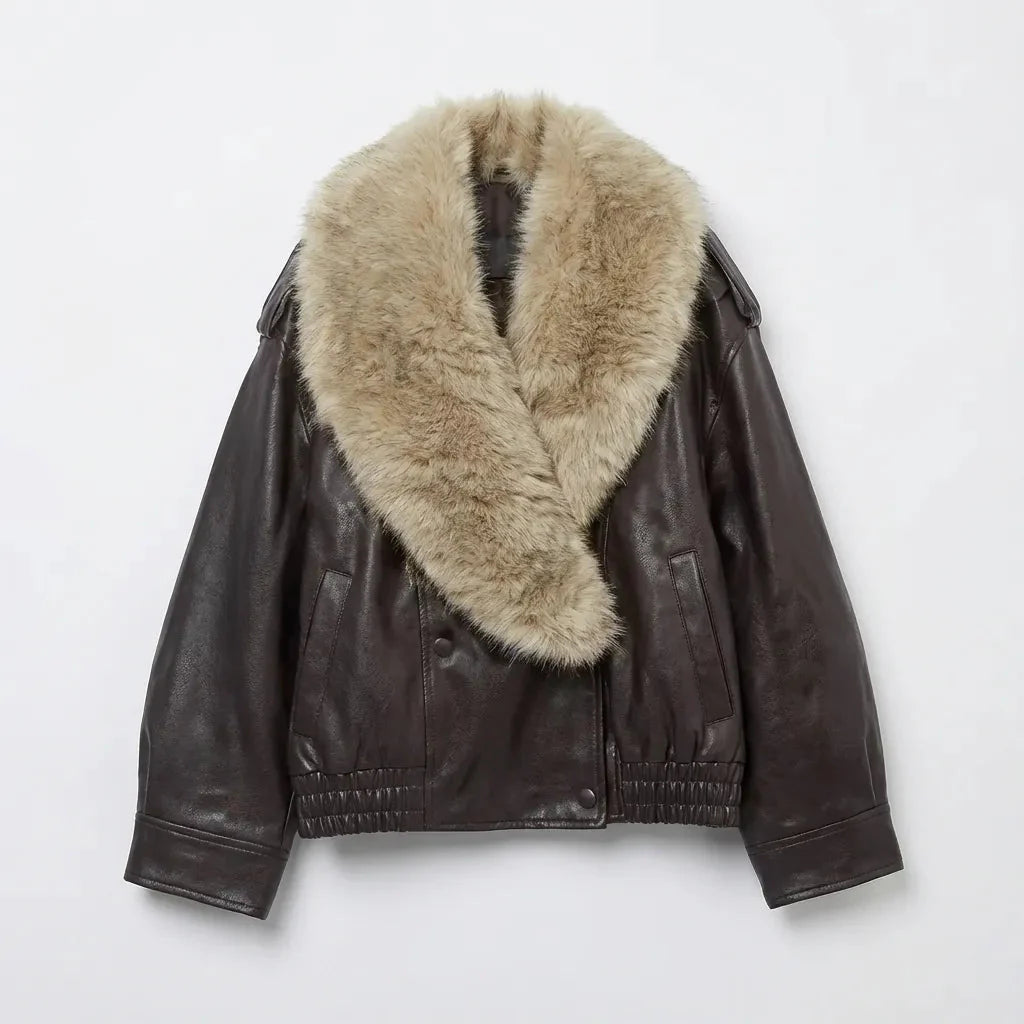 Women’s Jacket with Plush Collar and Button Closure