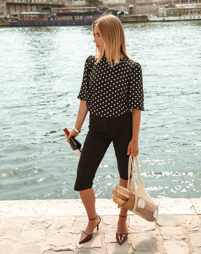 Women's Polka Dot Puff Sleeve Top Black