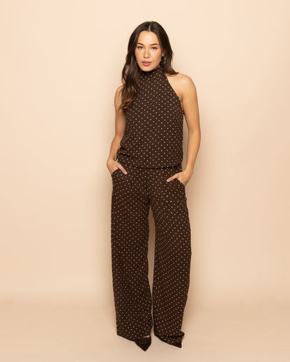 Women's Small Polka Dot Wide Leg Trousers Brown