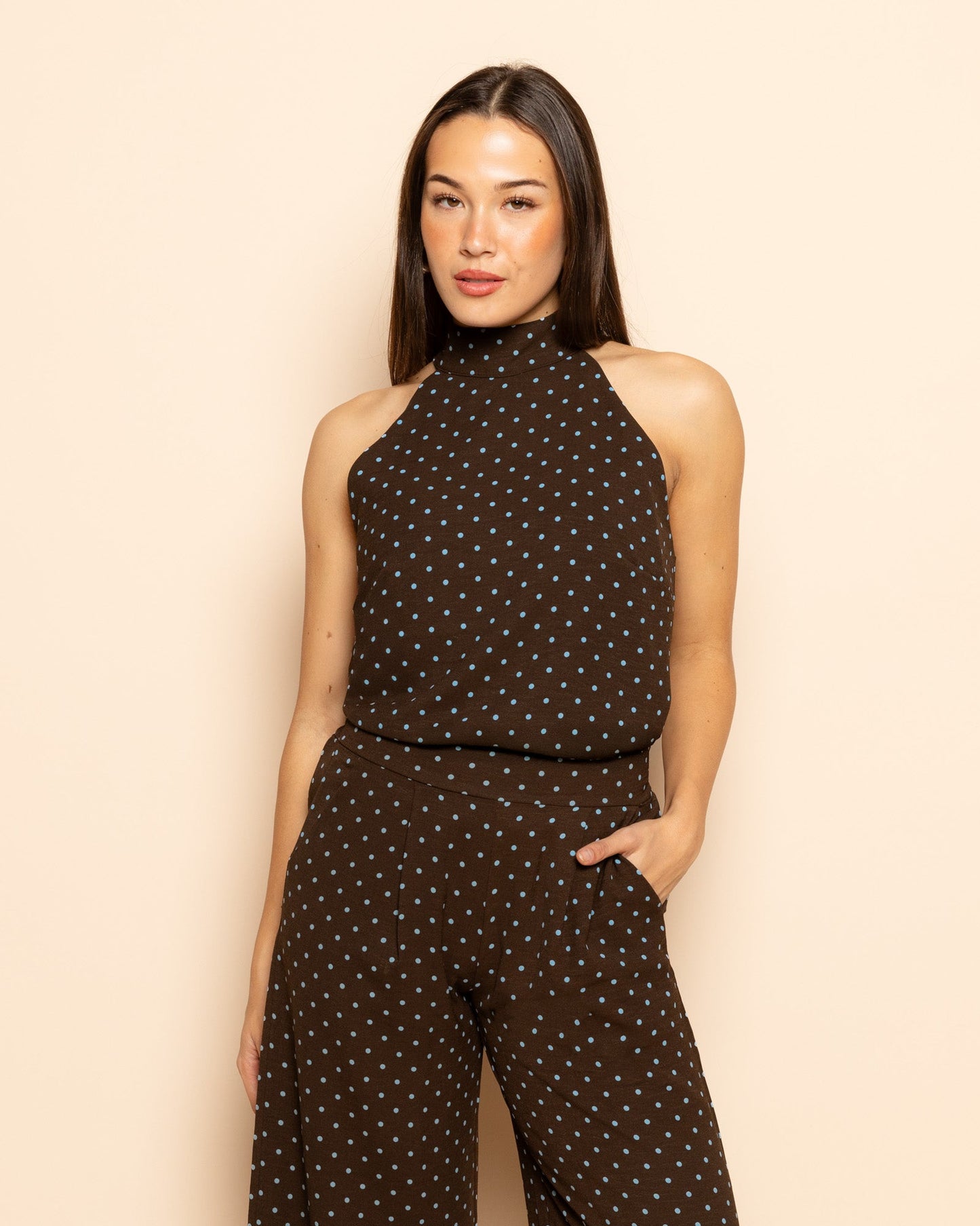 Women's Small Polka Dot Wide Leg Trousers Brown