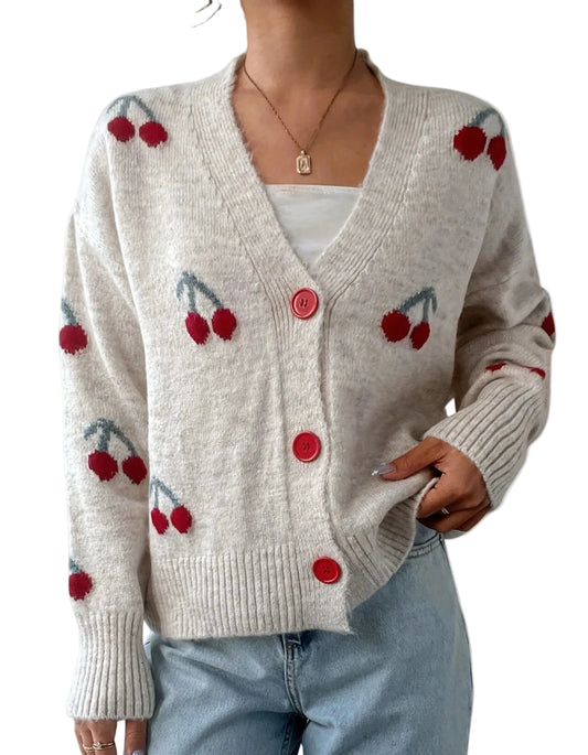 Women’s Knit Cardigan with Cherry Pattern and Button Front