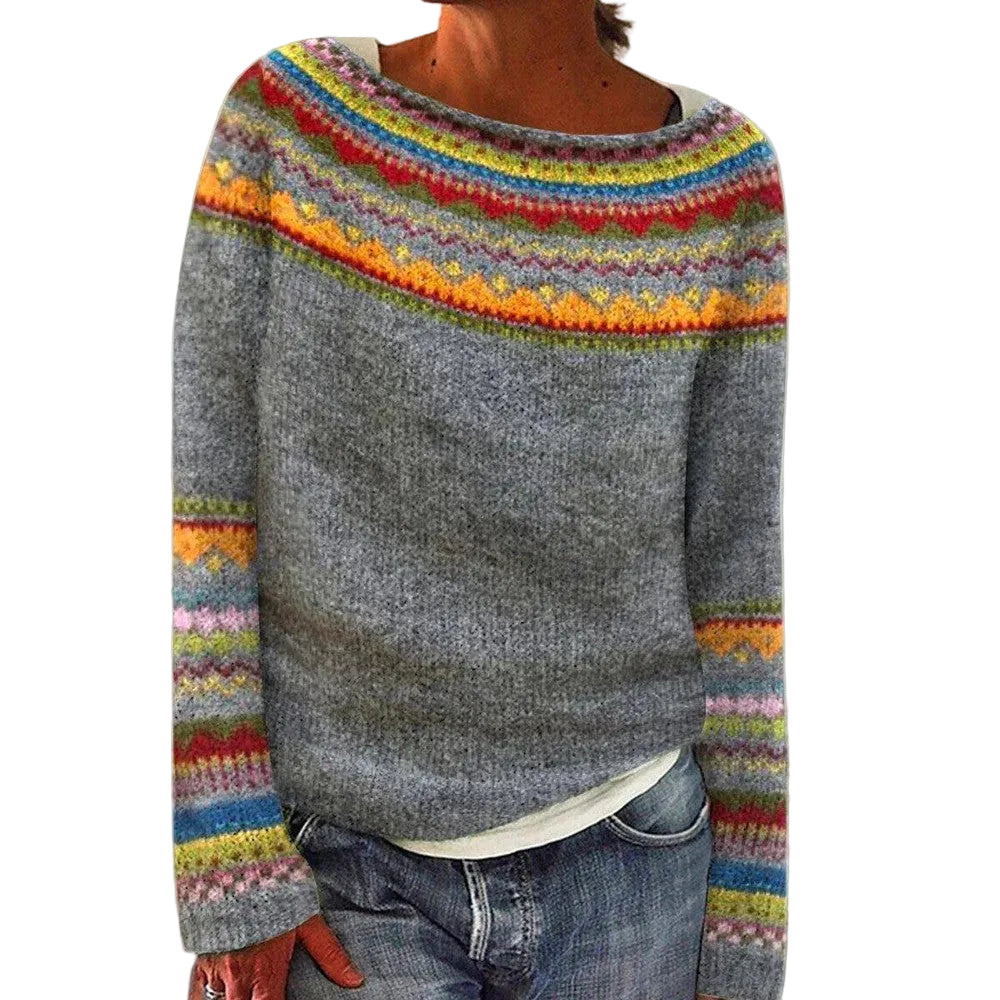 Women’s Knit Sweater with Colorful Pattern and Boat Neck