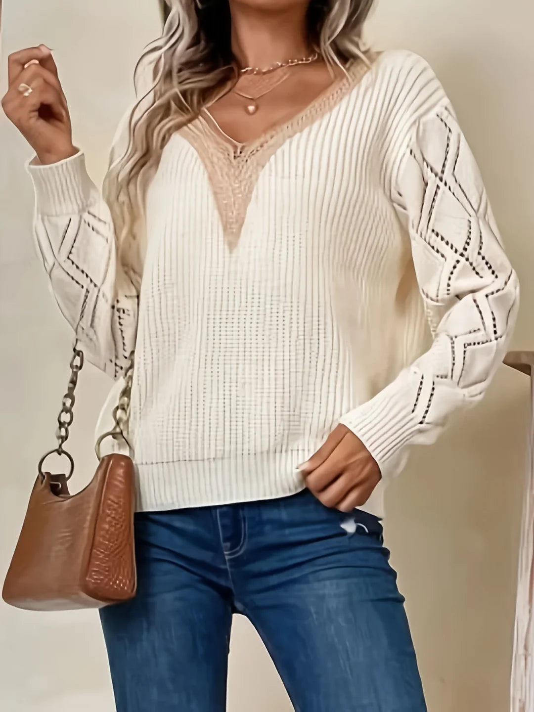 Women’s Lace-Detail V-Neck Knit Sweater