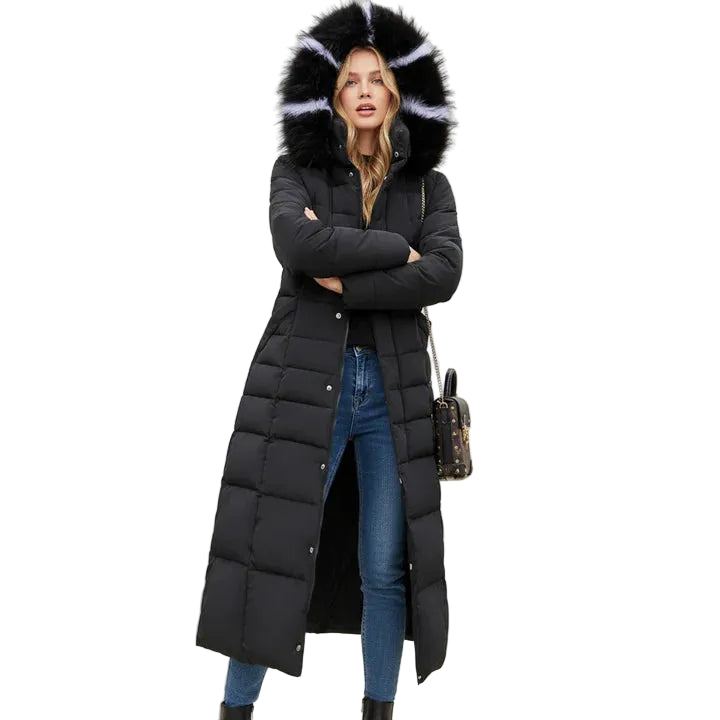 Women’s Long Hooded Puffer Coat with Belt