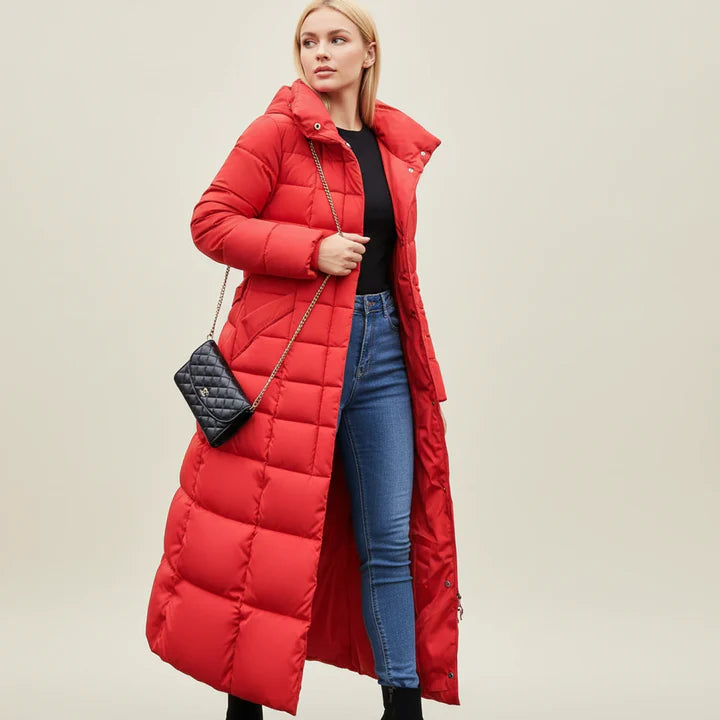 Women’s Long Hooded Puffer Coat with Belt