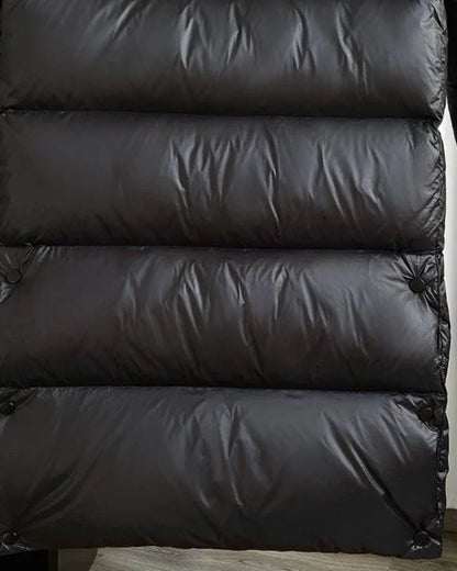 Women’s Long Puffer Jacket with Hood and Quilted Panels