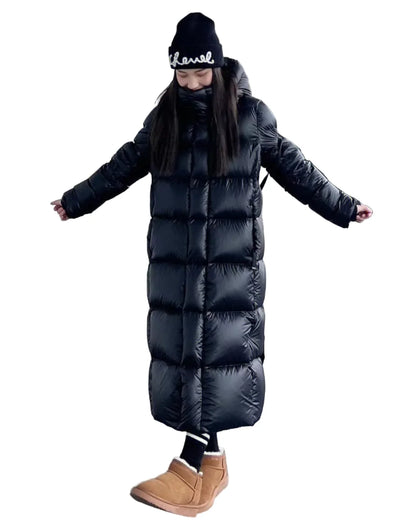 Women’s Long Puffer Jacket with Hood and Quilted Panels