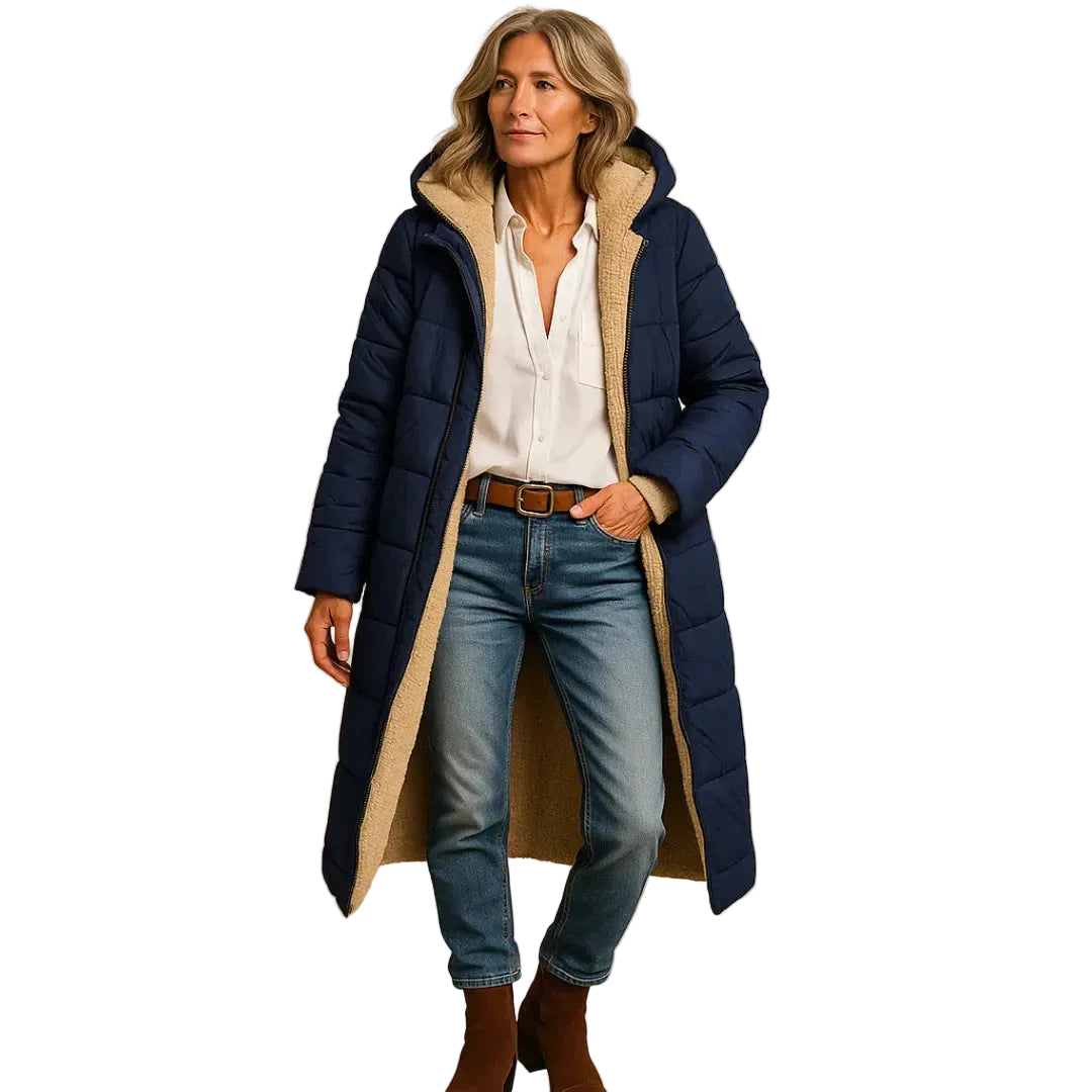 Women’s Long Quilted Puffer Coat with Hood and Fleece Lining
