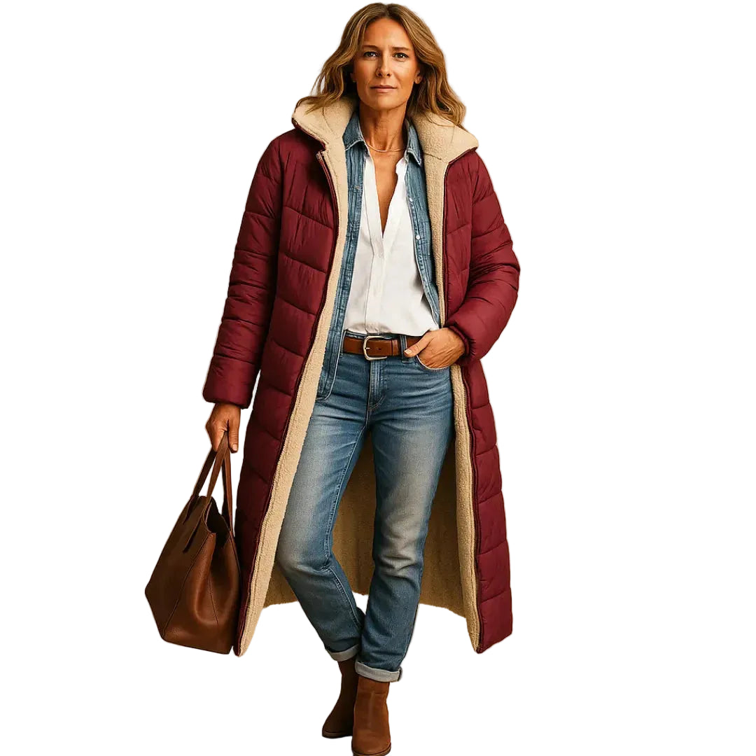 Women’s Long Quilted Puffer Coat with Hood and Fleece Lining