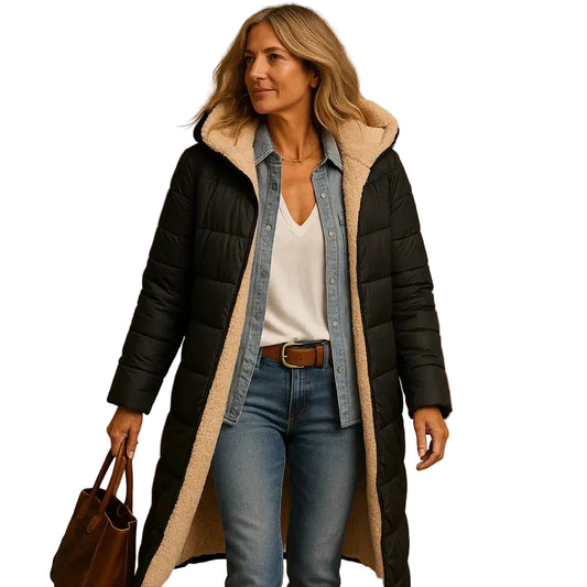 Women’s Long Quilted Puffer Coat with Hood and Fleece Lining