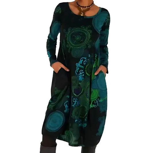 Women’s Long Sleeve Abstract Print Midi Dress