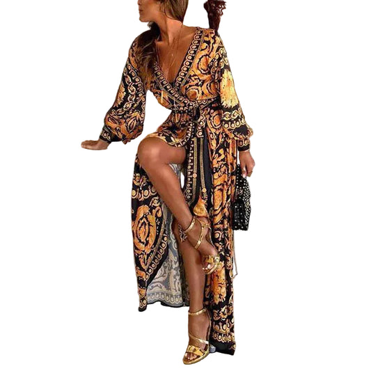 Women’s Long Sleeve Baroque Print Maxi Dress