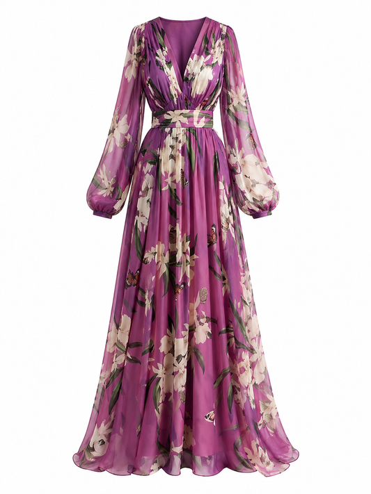 Women’s Long Sleeve Floral Maxi Dress with Waist Tie
