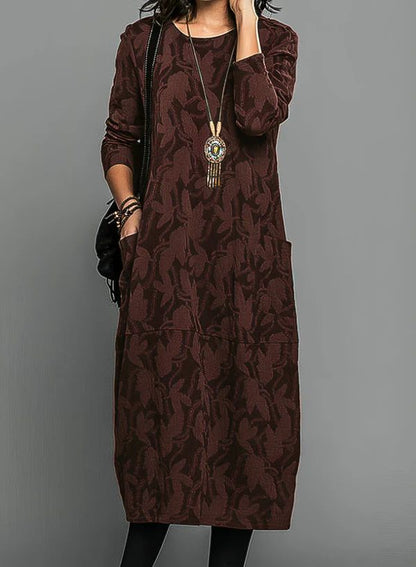 Women’s Long Sleeve Midi Dress with Textured Leaf Pattern