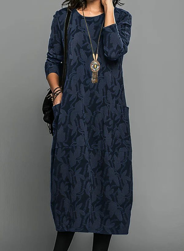 Women’s Long Sleeve Midi Dress with Textured Leaf Pattern