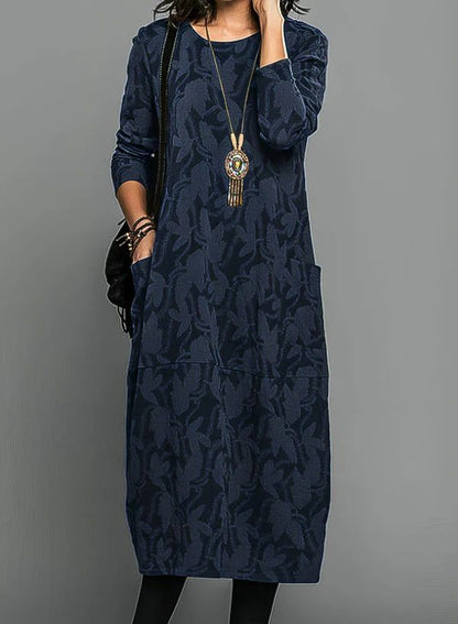 Women’s Long Sleeve Midi Dress with Textured Leaf Pattern
