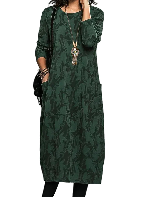 Women’s Long Sleeve Midi Dress with Textured Leaf Pattern