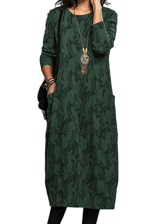 Women’s Long Sleeve Midi Dress with Textured Leaf Pattern