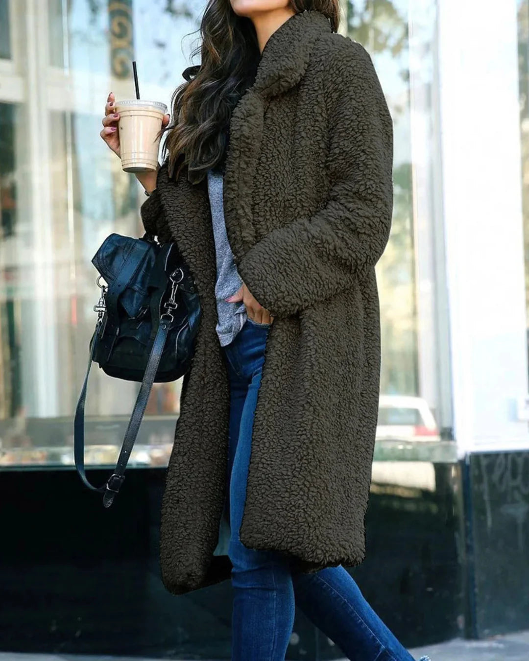 Women’s Long Teddy Coat with Open Front