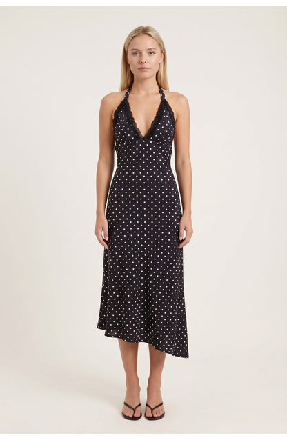 Women's Halter Neck Polka Dot Midi Dress Open Back