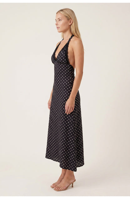 Women's Halter Neck Polka Dot Midi Dress Open Back