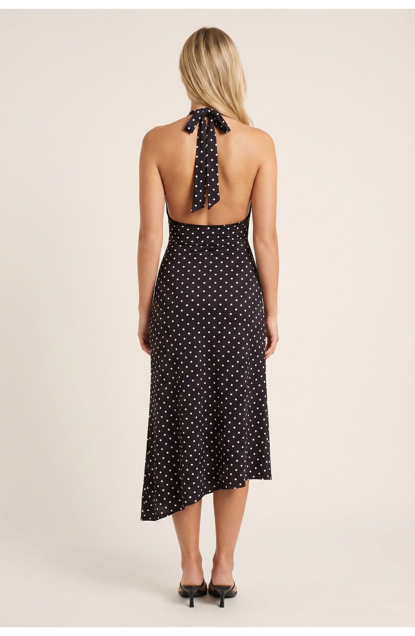 Women's Halter Neck Polka Dot Midi Dress Open Back