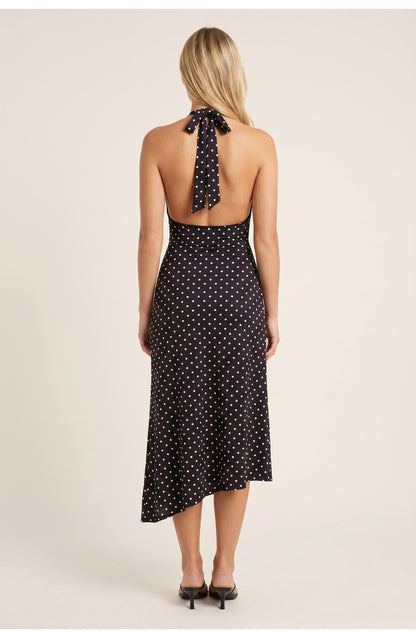 Women's Halter Neck Polka Dot Midi Dress Open Back