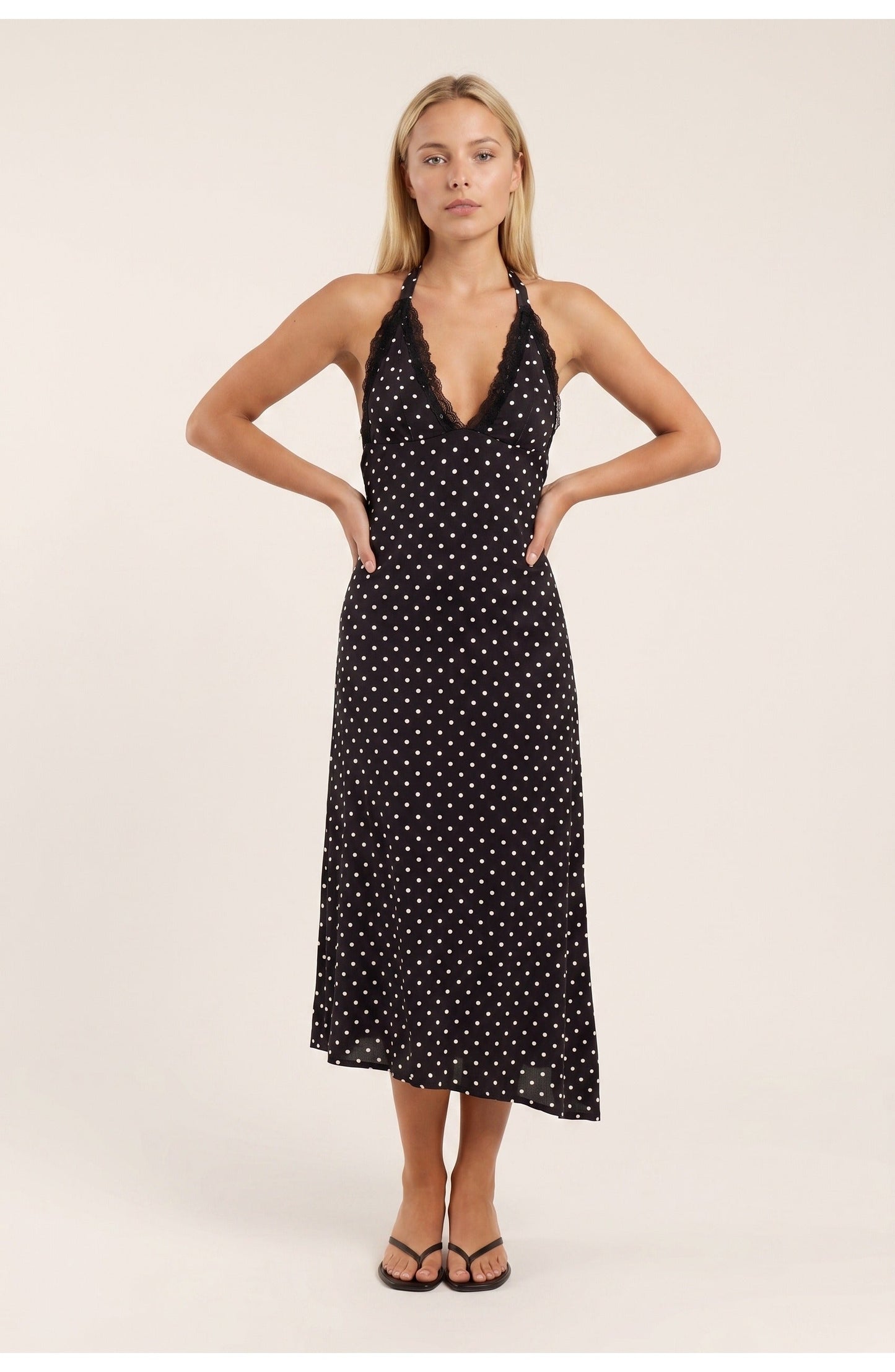 Women's Halter Neck Polka Dot Midi Dress Open Back