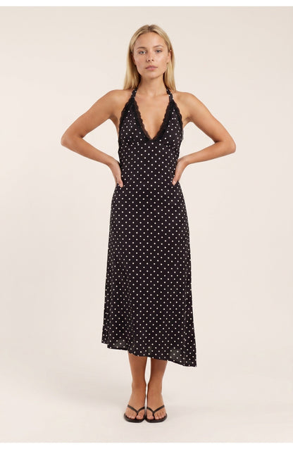 Women's Halter Neck Polka Dot Midi Dress Open Back
