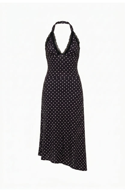 Women's Halter Neck Polka Dot Midi Dress Open Back