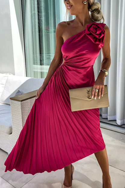 Women’s One Shoulder Pleated Midi Dress with Flower Detail